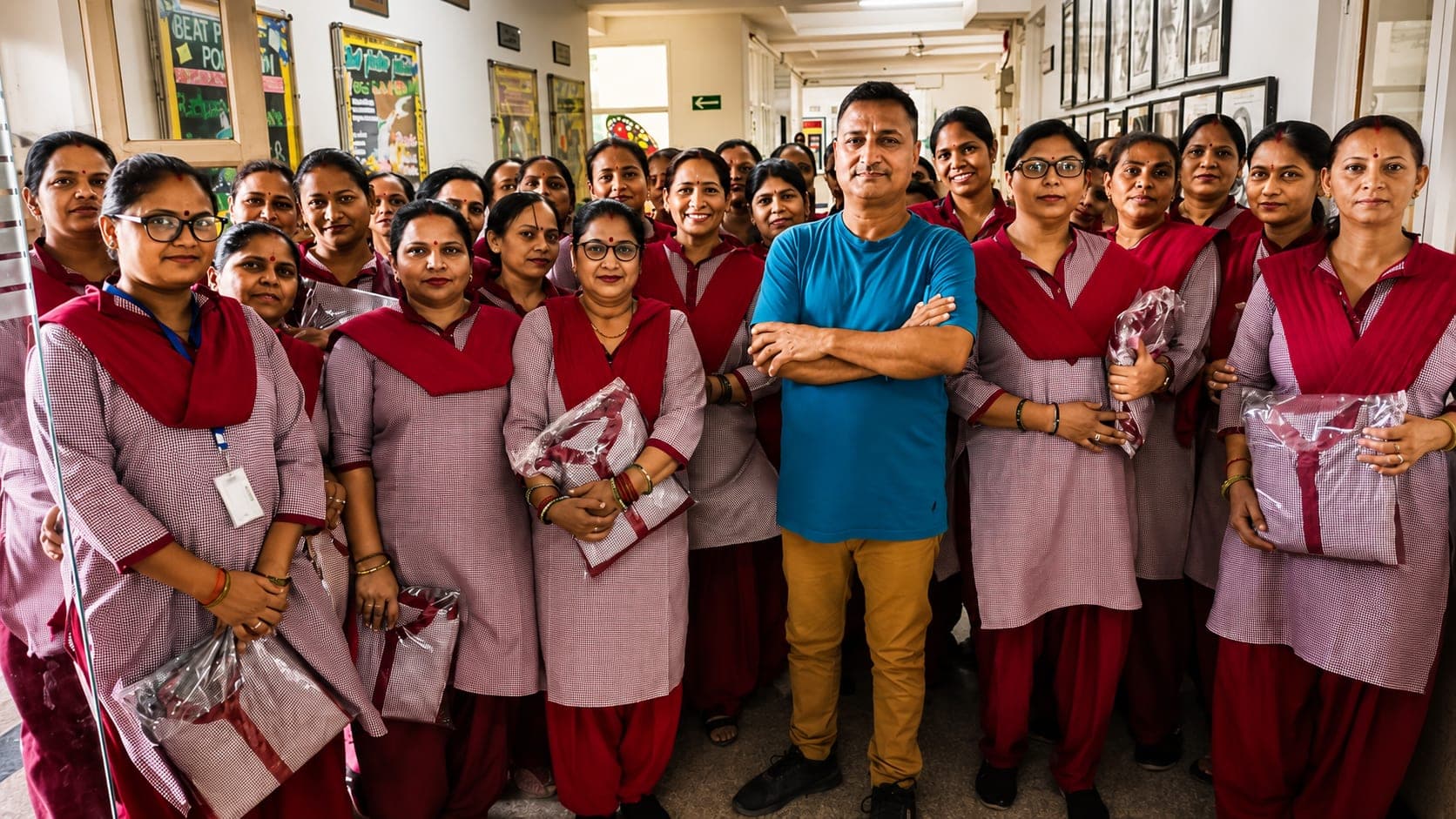 MITRA housekeeping team gathered in a school corridor with newly issued uniforms